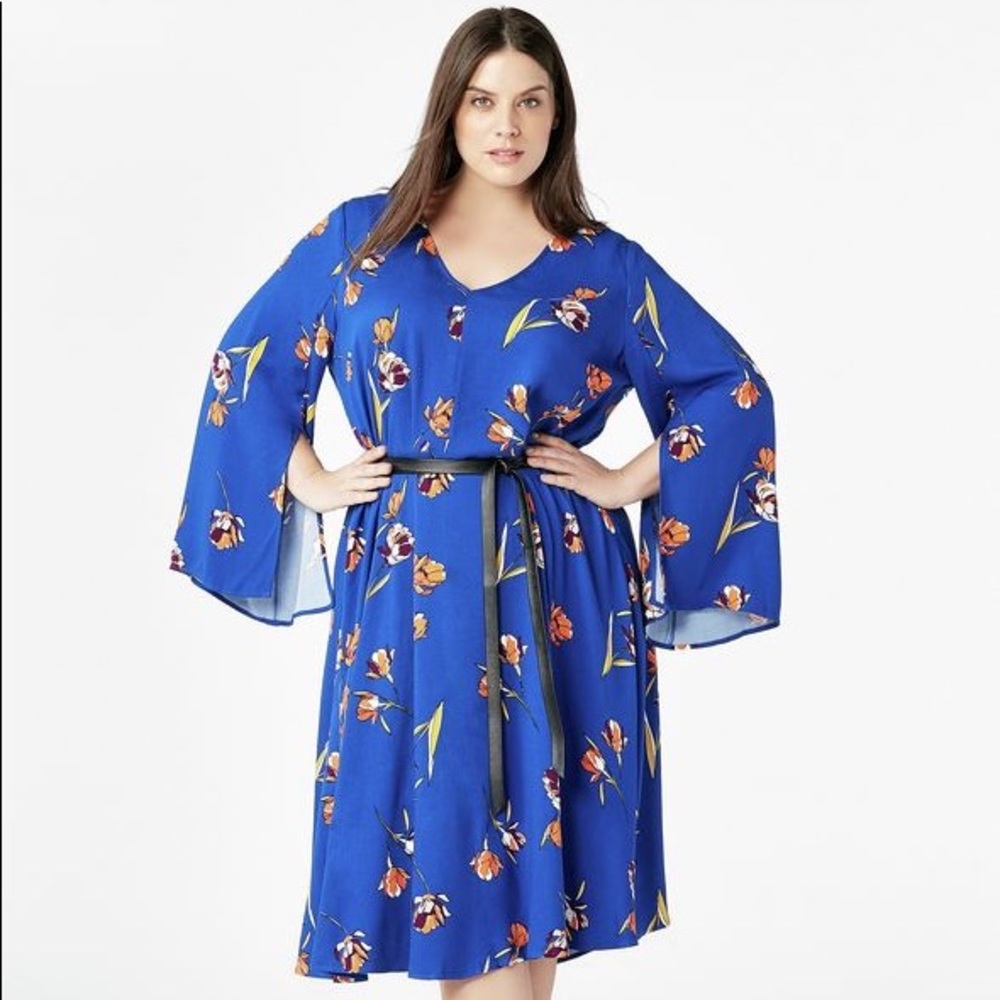 Blue floral midi dress with bell sleeves